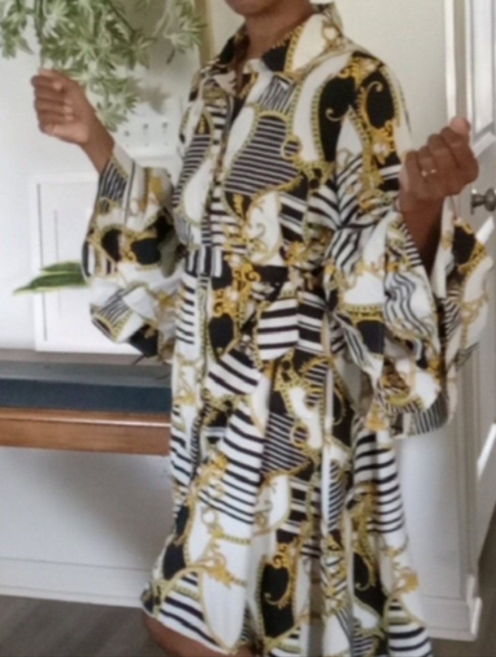 Striped & Chain Print High-Low Shirt Dress in Black, White & Gold